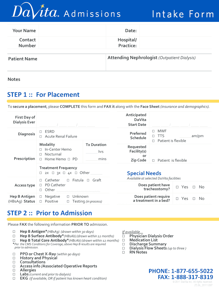 Davita Admissions  Form