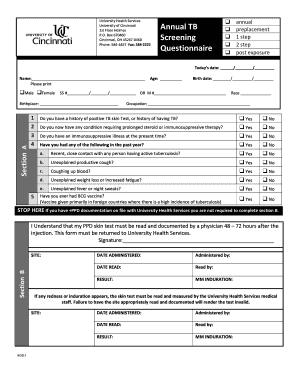  Annual TB Screening Questionnaire PDF University of Cincinnati Uc 2012