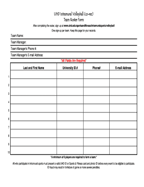 Volleyball Team Roster Template  Form