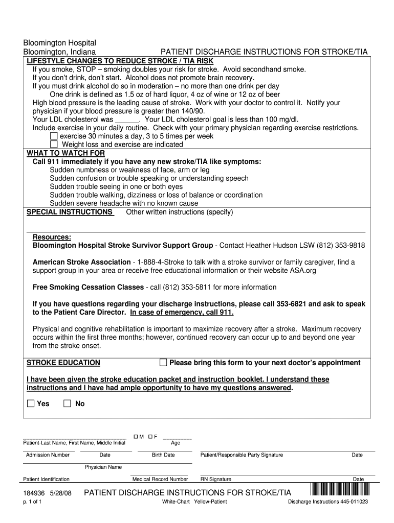  Get and Sign Patient Discharge Instructions for Stroke/TIA - Uic Form 2008-2024