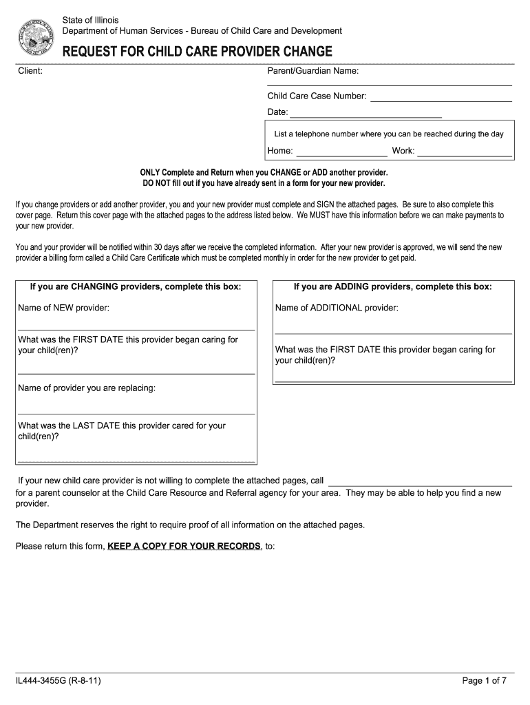 Get and Sign Illinois Child Care Change of Provider Form 2011-2022