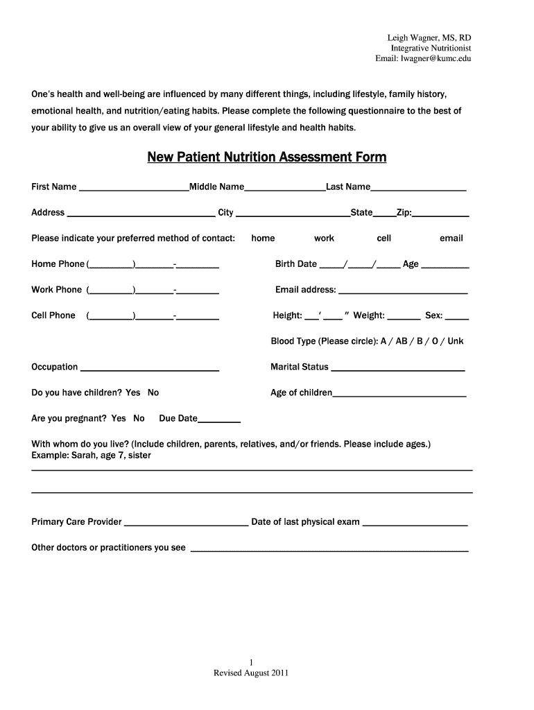  Nutrition Assessmwent Form 2011-2024