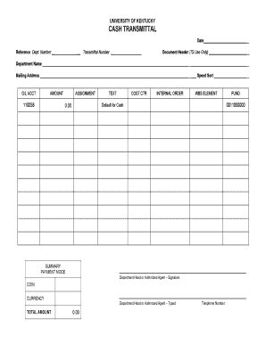 Cash Transmittal Form IRIS University of Kentucky Uky