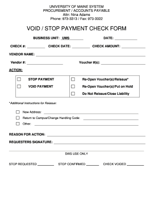 VOID STOP PAYMENT CHECK FORM University of Maine System Maine