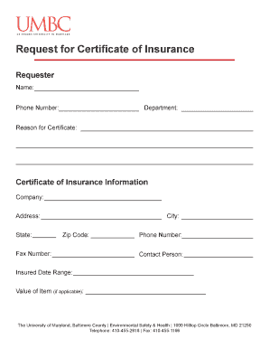 Request for Certificate of Insurance  Form