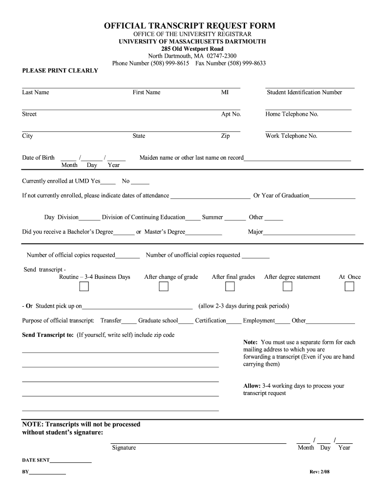  Umass Dartmouth Transcript Request Form 2008-2024