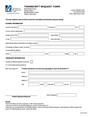 Umass Lowell Transcript Request  Form