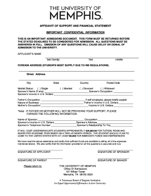 University of Memphis Affidavit of Support  Form