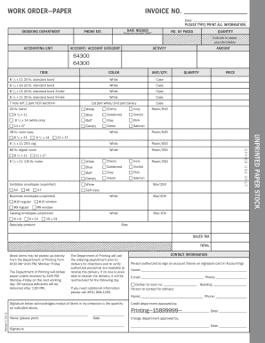 WORK ORDER PAPER U N PR in TED PAPER S to C K Form