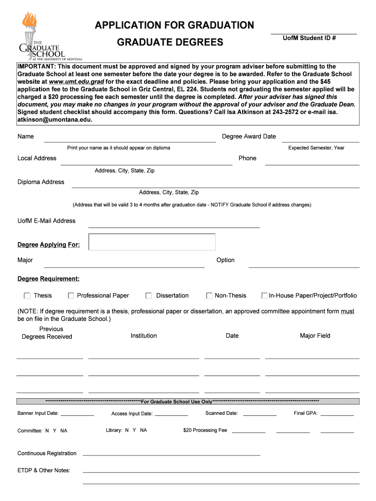 APPLICATION for GRADUATION GRADUATE DEGREES Umt Form