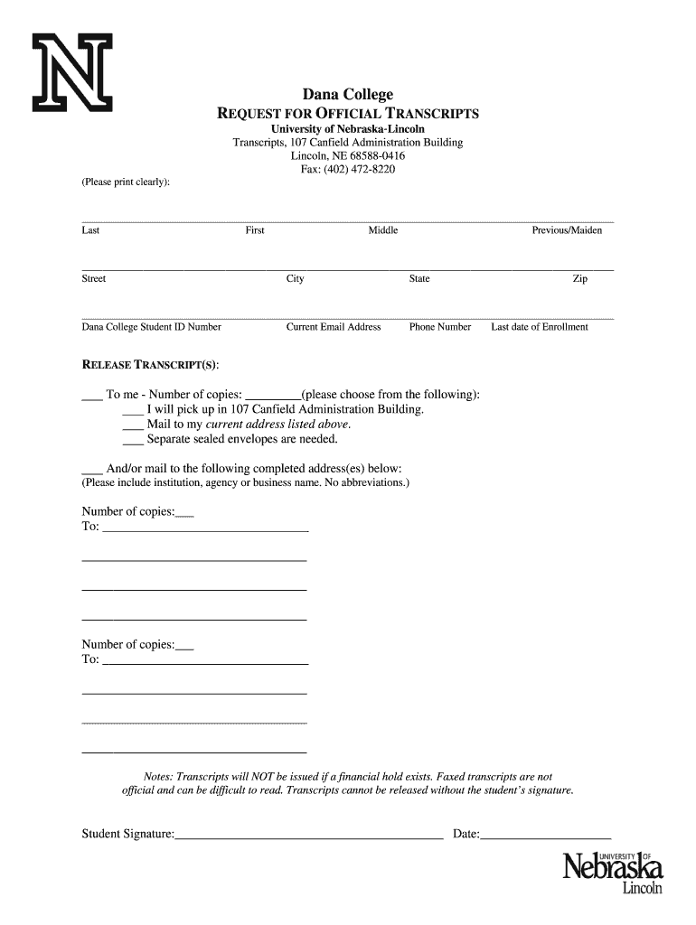 Dana College Transcripts  Form