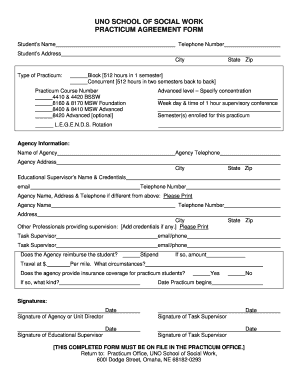  UNO SCHOOL of SOCIAL WORK PRACTICUM AGREEMENT FORM Unomaha 2006