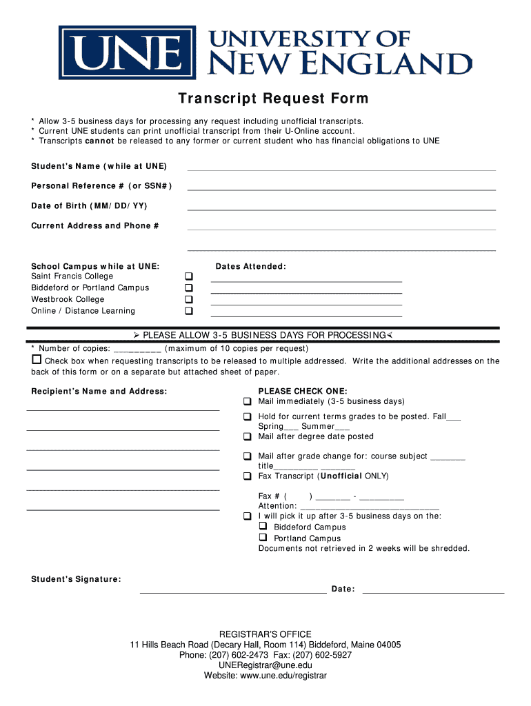 Request Transcript from Une  Form