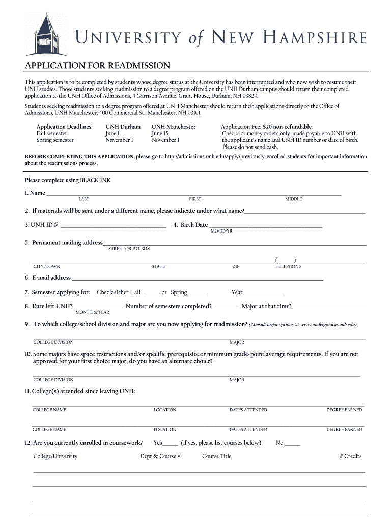 Readmission Application  Unhm Unh  Form