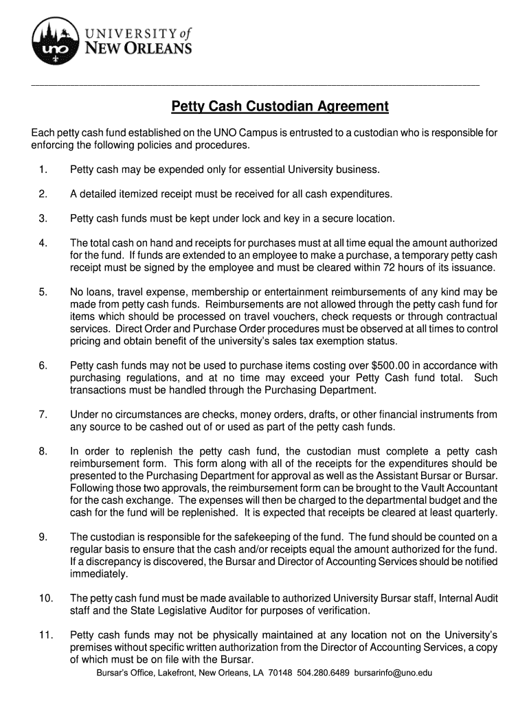 Petty Cash Agreement  Form