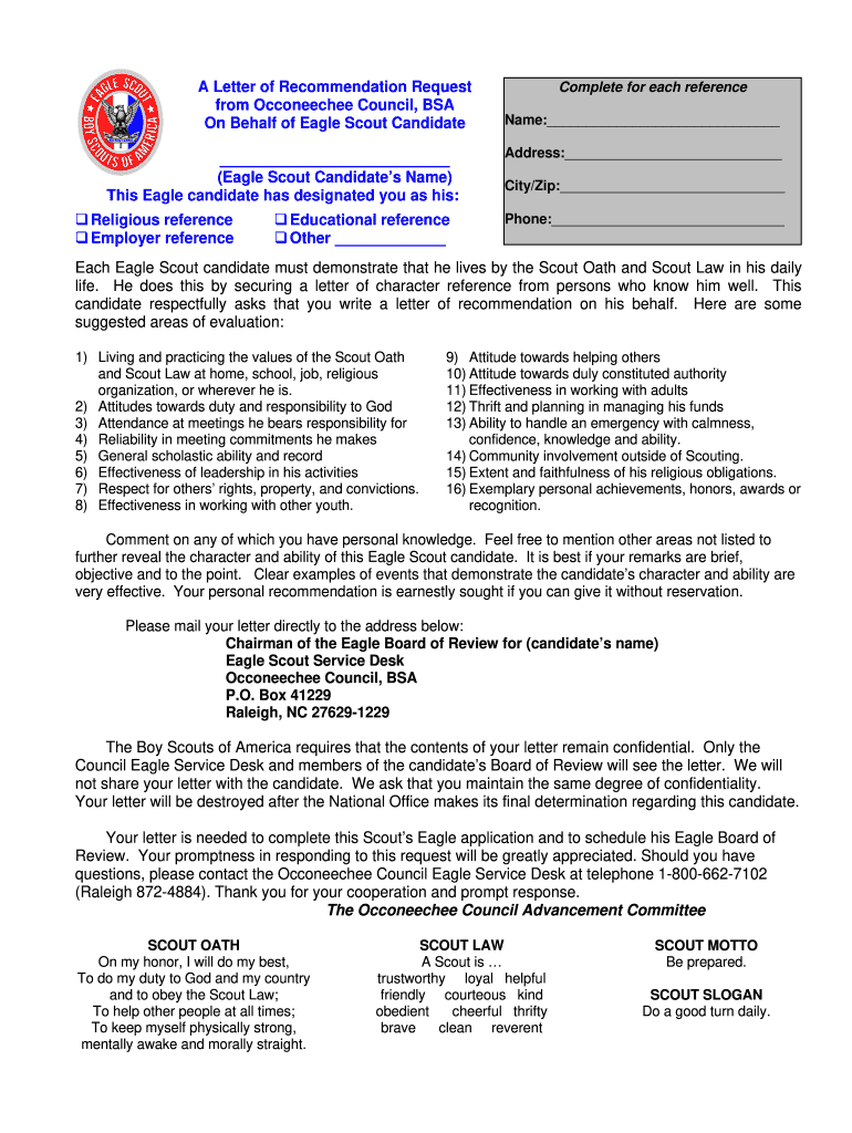 Mother Parent Recommendation Letter for Eagle Scout  Form
