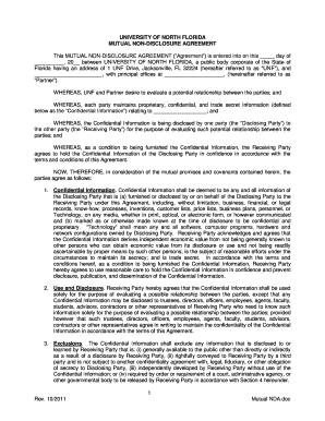 Mutual Non Disclosure Agreement University of North Florida Unf  Form