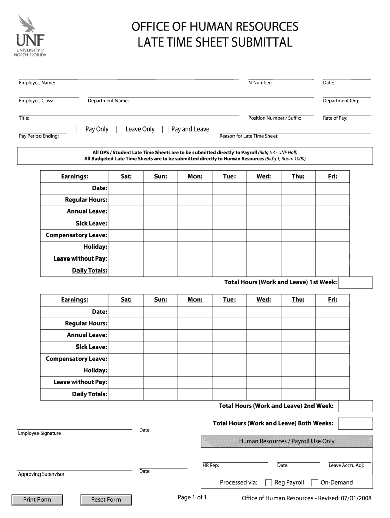 Unf Late Timesheet PDF Filler  Form