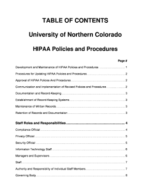 Table of Contents for Policies and Procedures Form