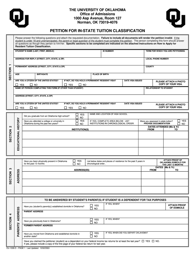  University of Oklahoma Residency Petition Requirements 2003-2024