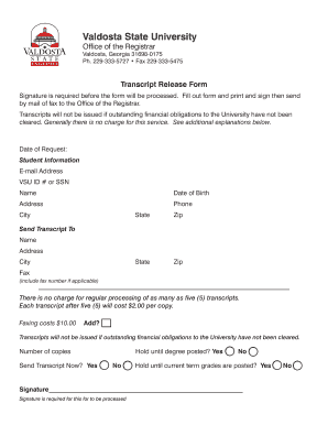 Valdosta State University Transcript  Form