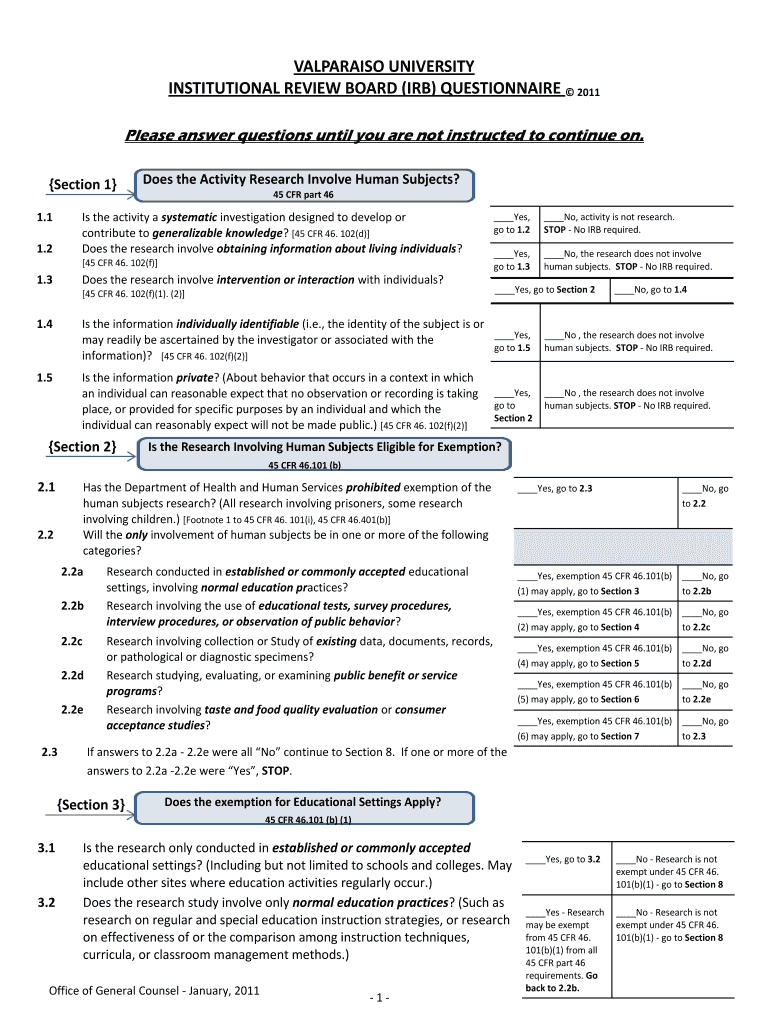  IRB Decision Questionnaire Form  Valparaiso University  Valpo 2011-2023