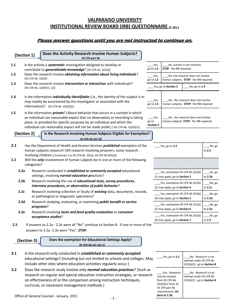  IRB Decision Questionnaire Form  Valparaiso University  Valpo 2011-2024