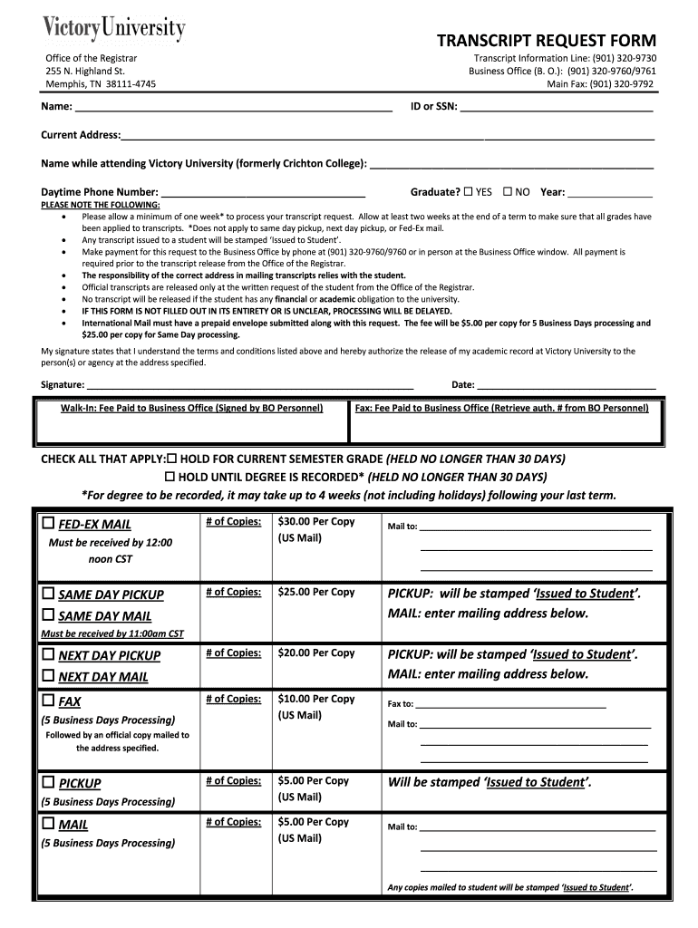 Victory University Transcripts  Form