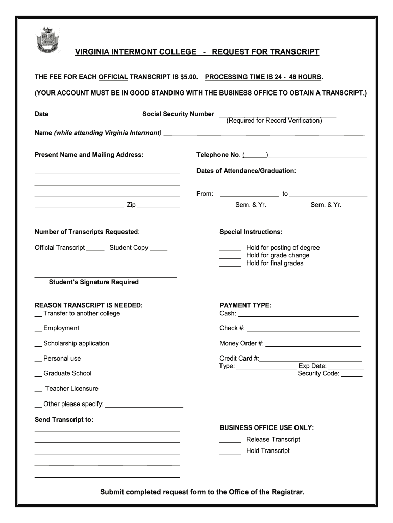Get and Sign Virginia Intermont College Transcripts  Form