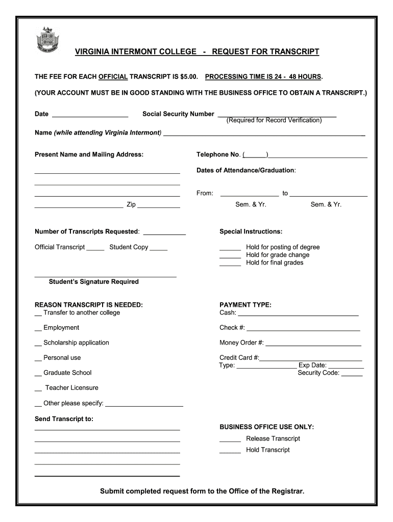 Virginia Intermont College Transcripts  Form