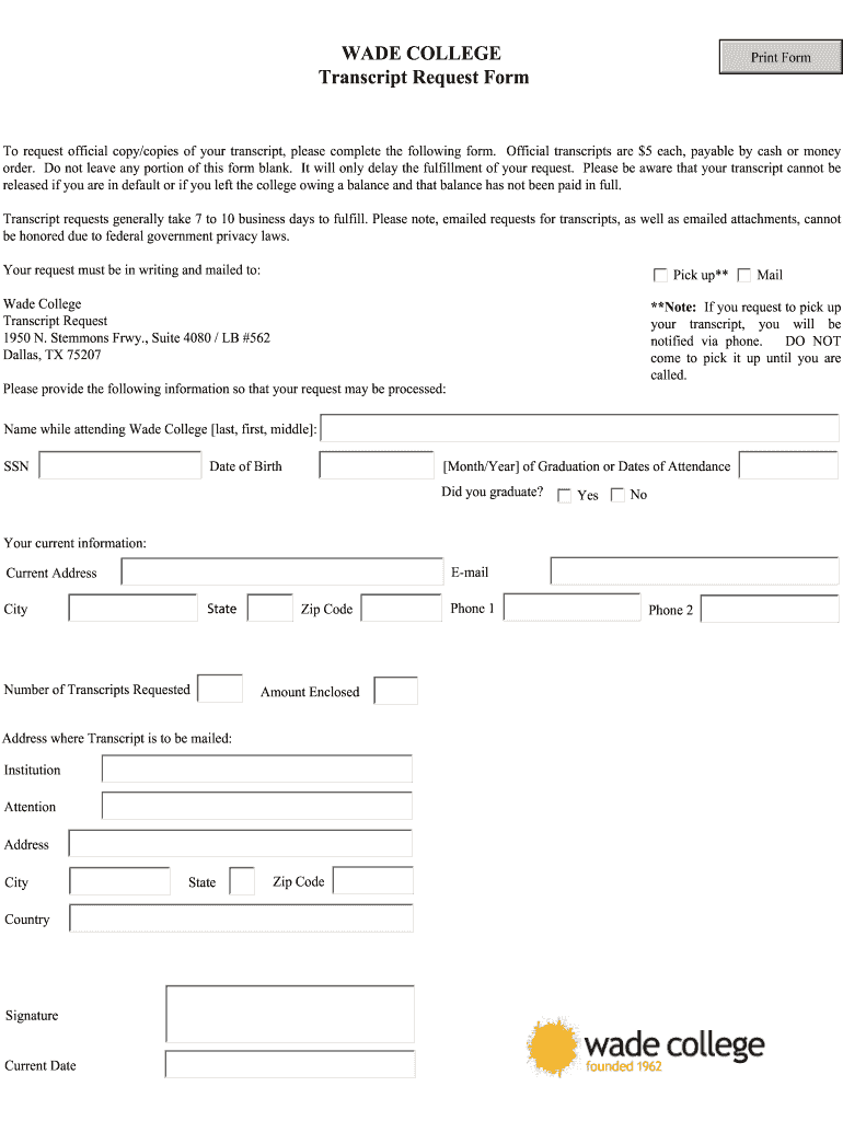 Wade College Transcript Request  Form