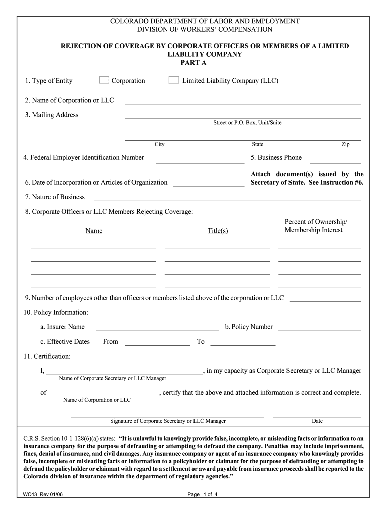  WC043 Rejection of Coverage DOC Connecticut Workers' Compensation Commission Agency Forms 2006