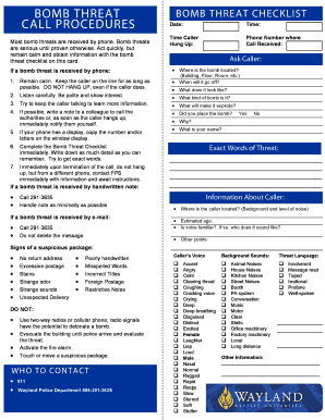 Bomb Threat Call Procedures Who to Contact Wbu  Form