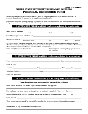 PERSONAL REFERENCE FORM Weber State University Weber