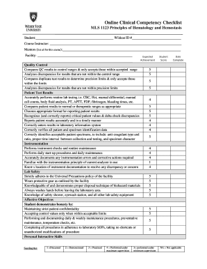  Online Clinical Competency Checklist MLS 1123 Principles of Hematology and Hemostasis Student Wildcat ID # Course Instructor Men 2011-2024