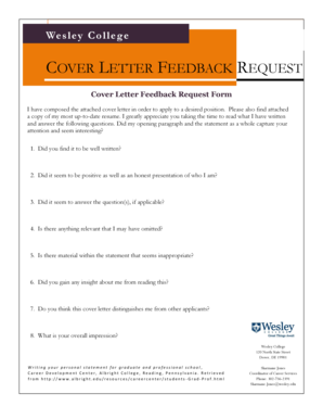 Cover Letter Feedback Request Form Wesley College Wesley