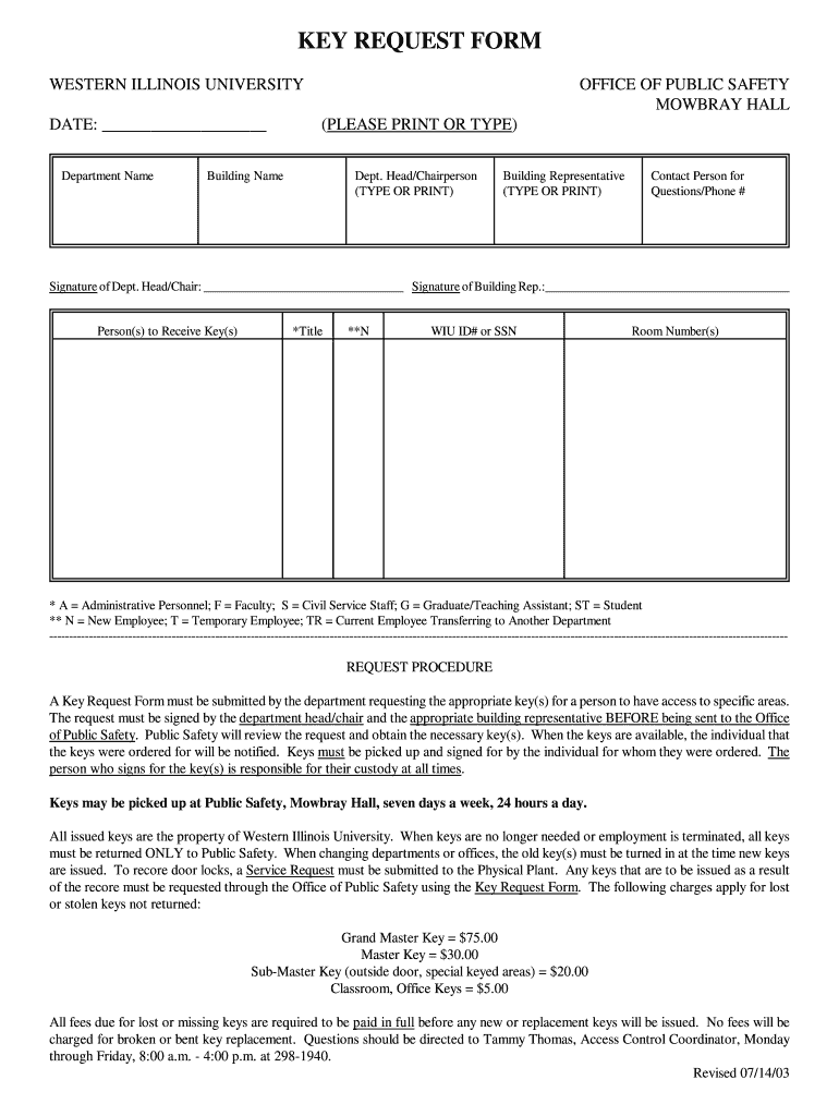  Key Request Form PDF Western Illinois University Wiu 2003