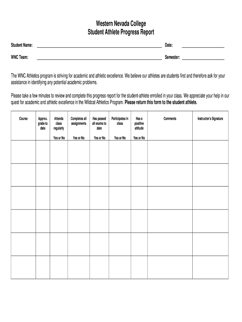 Athlete Progress Report Template  Form