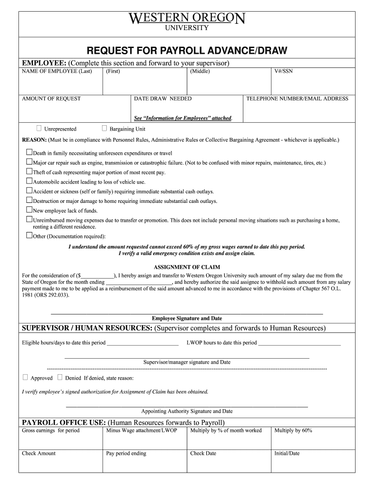 Payroll Advance Form PDF  Western Oregon University  Wou