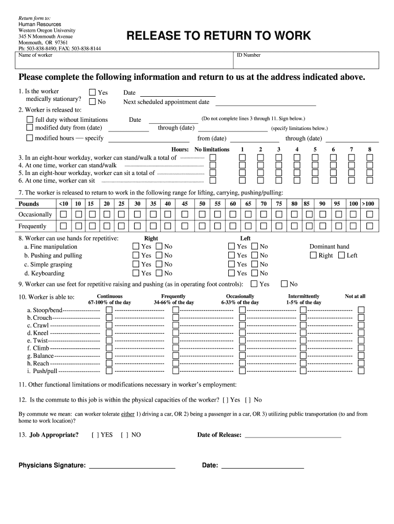 Oregon Return Work Form