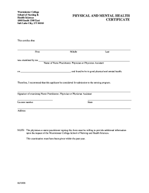 Physical and Mental Health Certificate Signed Westminster College Westminstercollege  Form