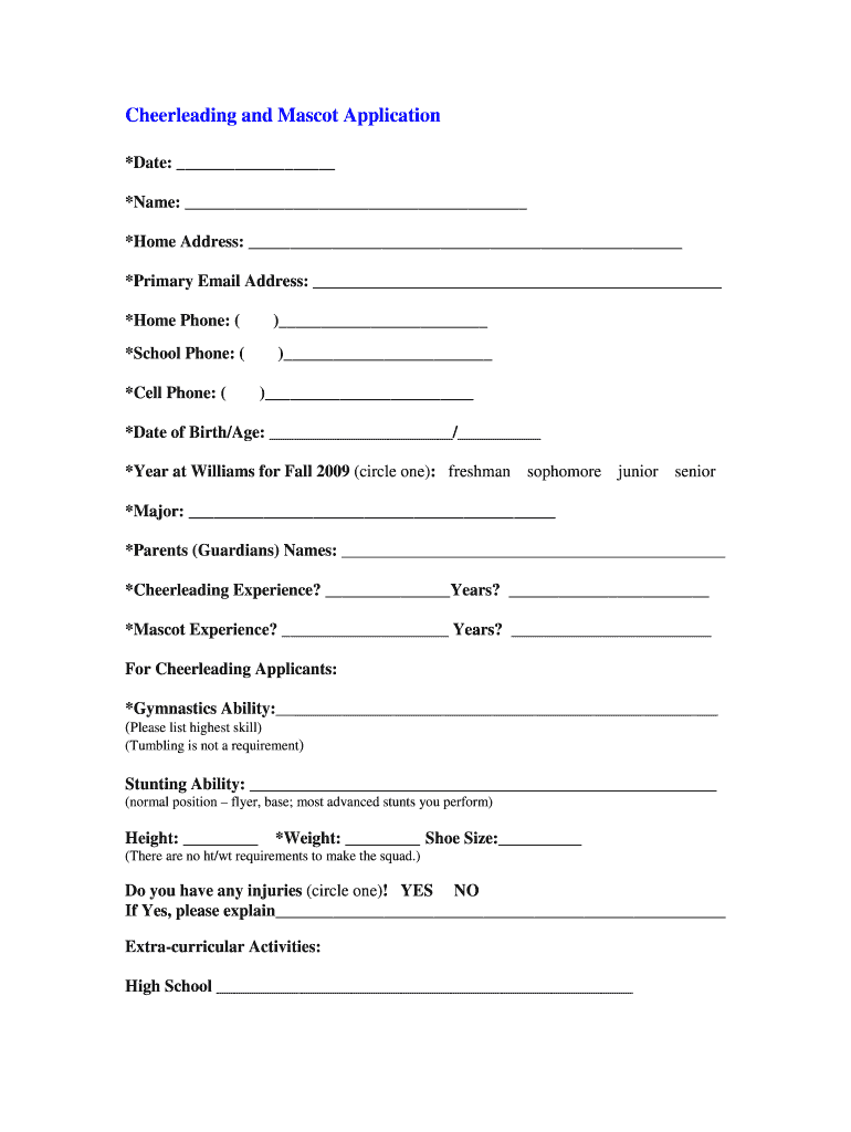 Cheerleading and Mascot Application  Williams Baptist College  Form