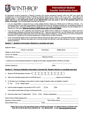 International Student Transfer Verification Form Winthrop University