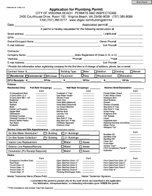 Application for Plumbing Permit City of Virginia Beach  Form