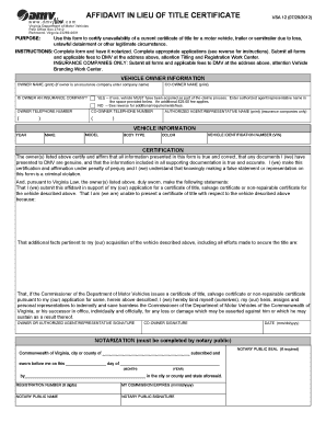 Affidavit in Lieu of Title Certificate  Form
