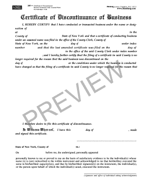 Certificate of Discontinuance of Business Blumberg Legal Forms