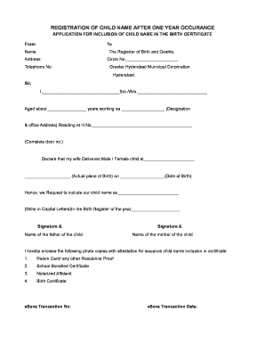 Registration of Child Name with in One Year Form