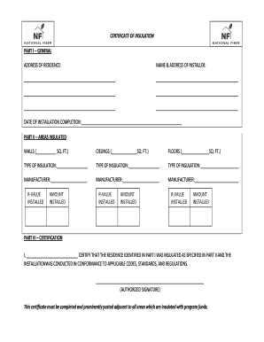 CERTIFICATE of INSULATION ADDRESS of National Fiber  Form