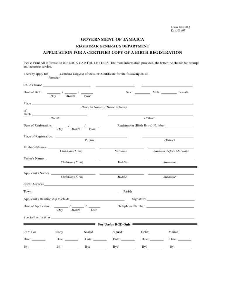 Jamaica Birth Certificate Application Form PDF