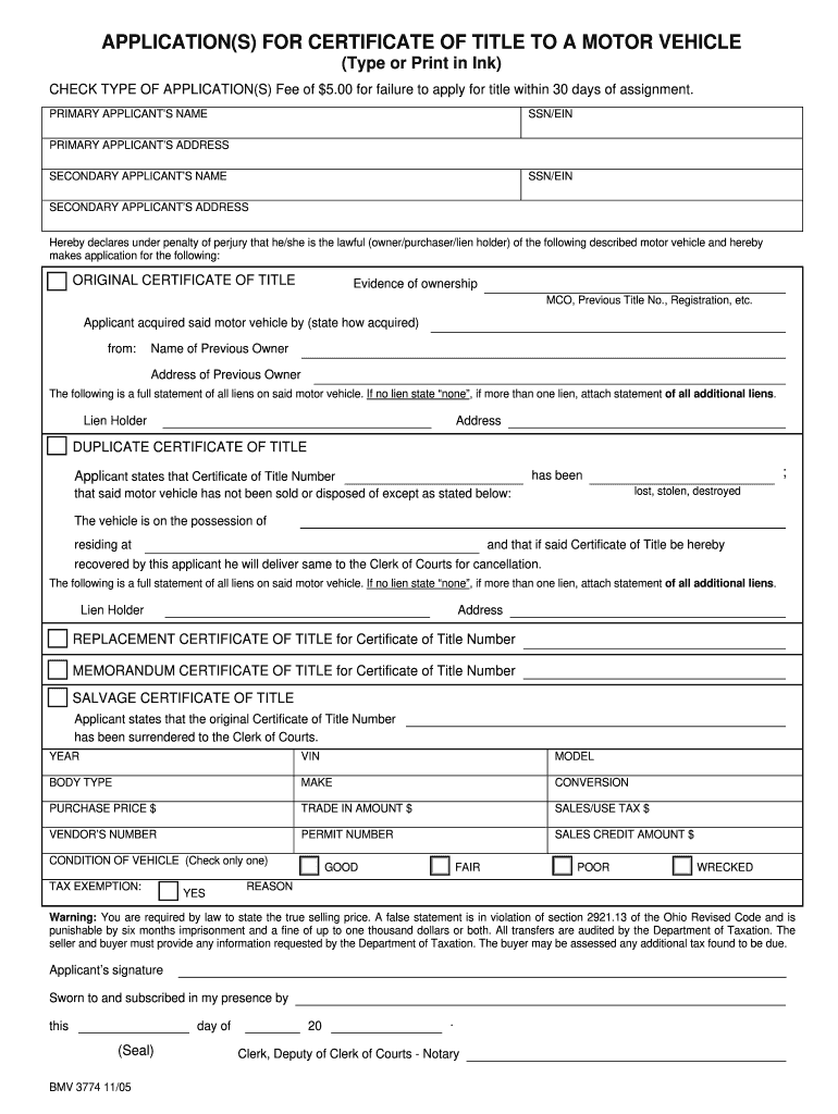  BMV 3774  Applications for Certificate of Title to a Motor Vehicle 2005